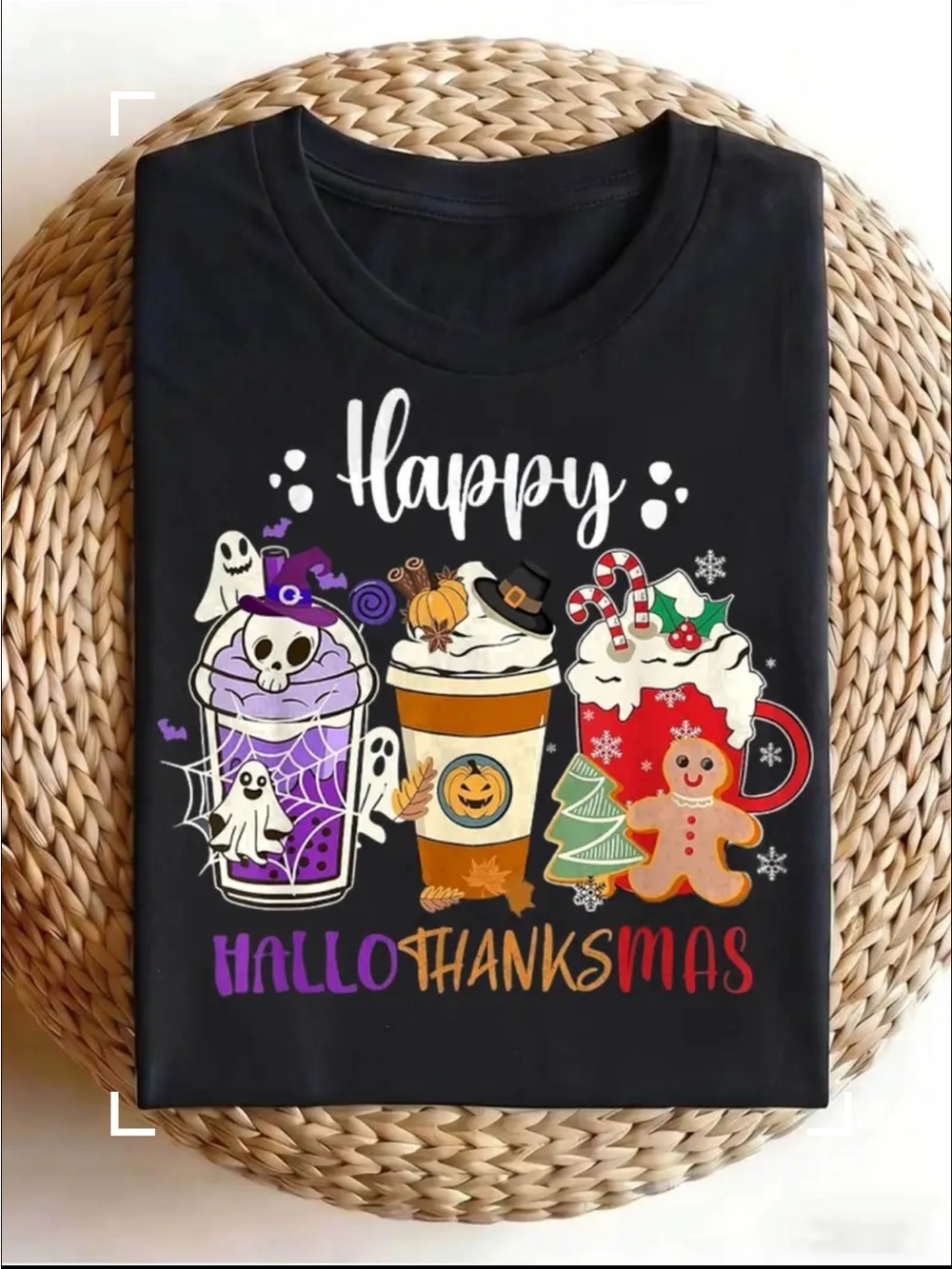 Happy HalloThanksMas Graphic Tee - Black